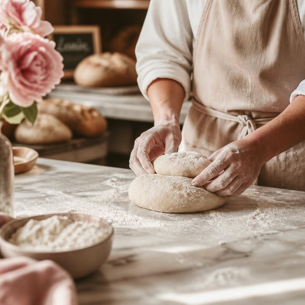 Baker dusting flour on artisan sourdough loaves