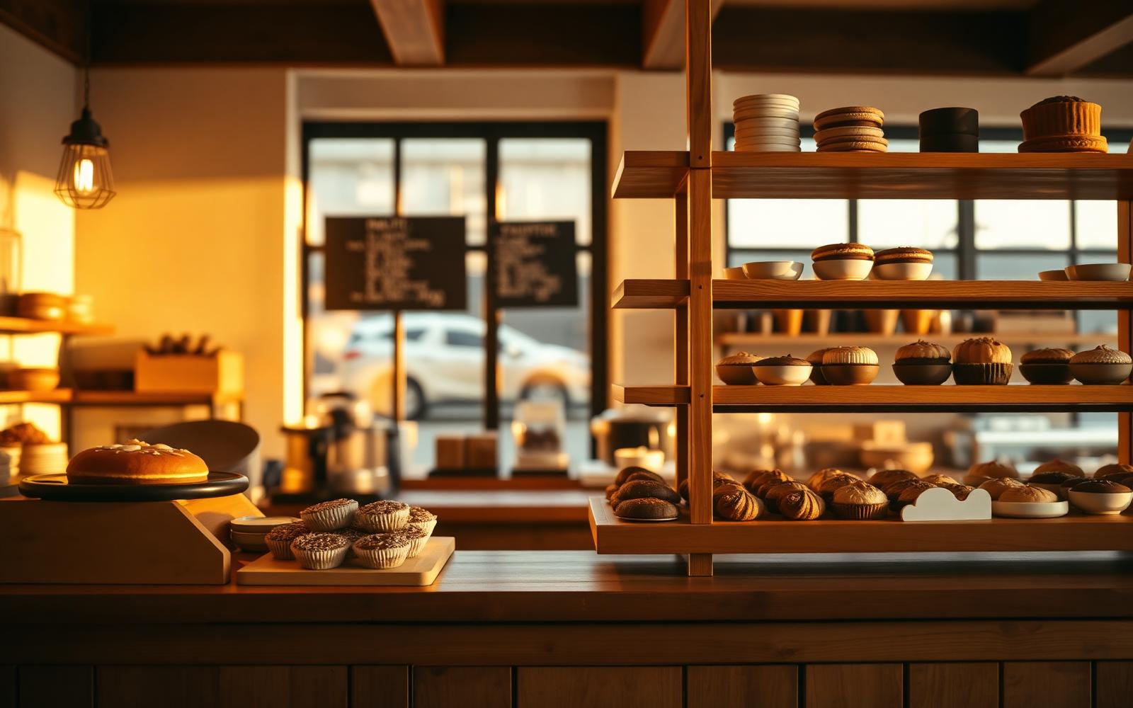 Freshly baked breads and pastries on a wooden bakery counter